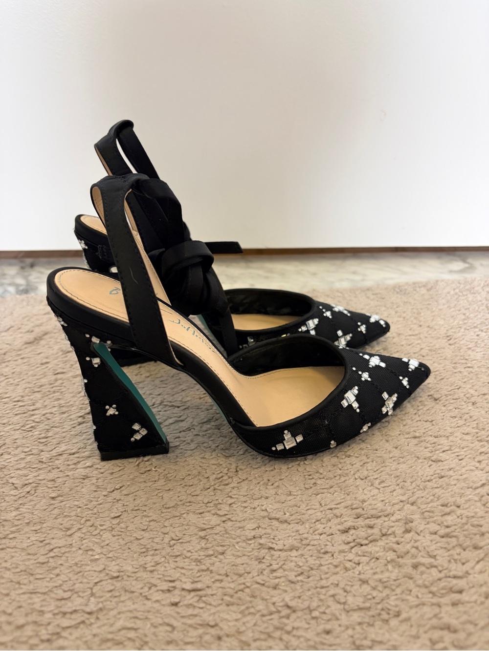Betsey Johnson Black Pointed Slingback Heels with White Embellishments